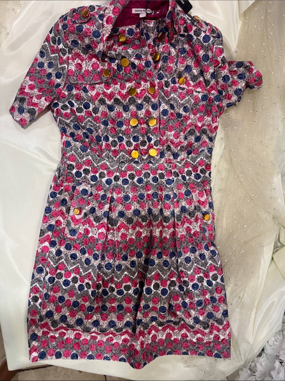 Peppe Peluso Pink, Navy & Gray Floral Button Dress